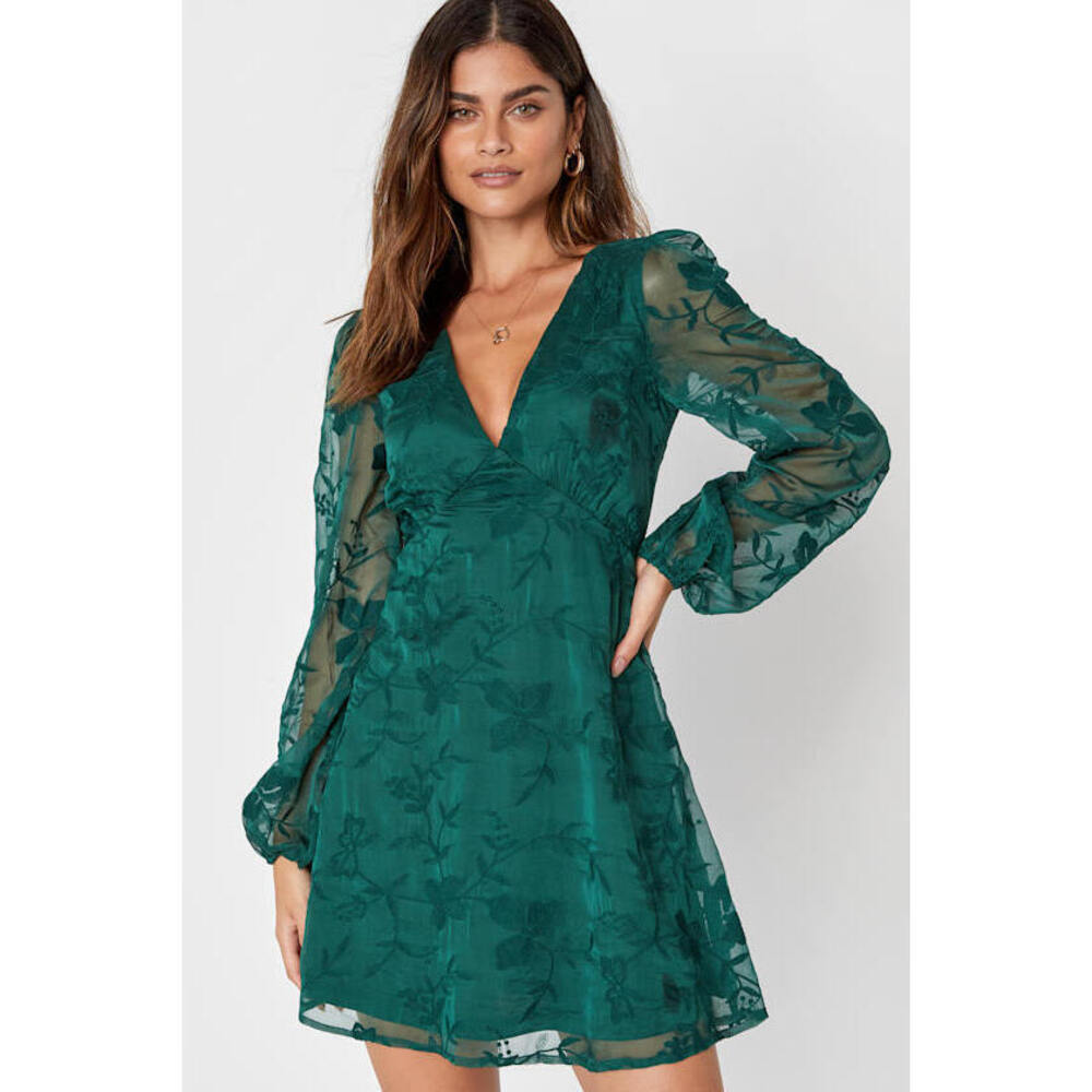 Lulus Angelic Bliss Emerald Green Embroidered Puff Sleeve Mini Dress - Size L